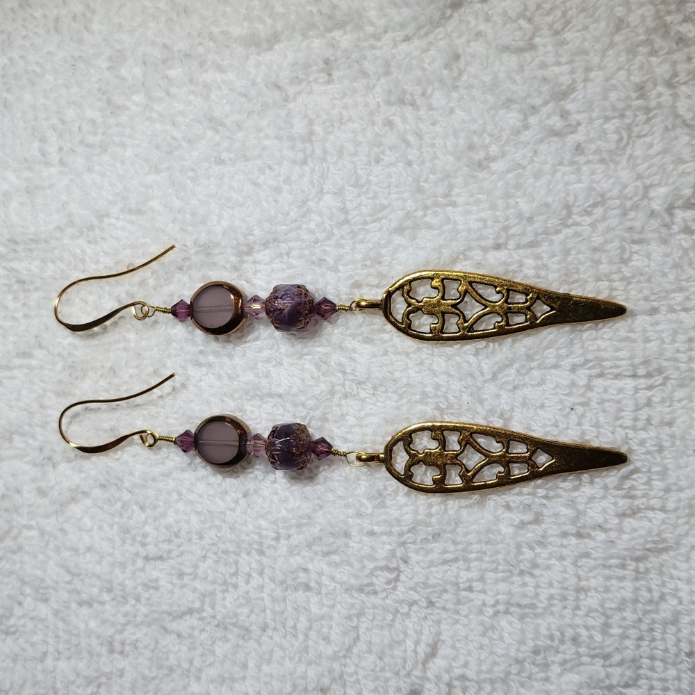Handmade purple and gold dangel earrings